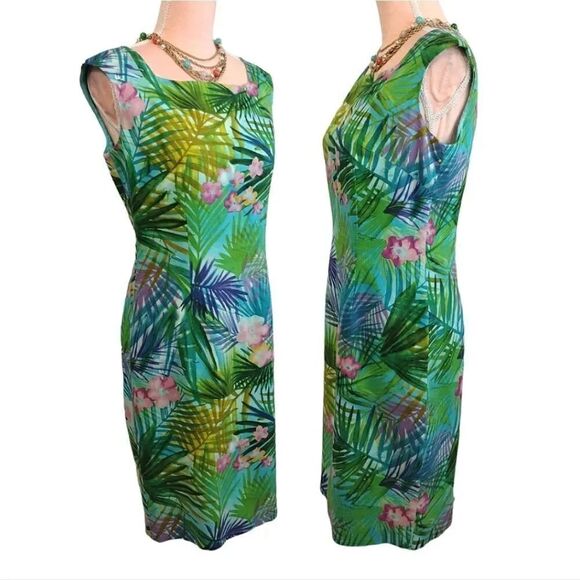 VTG 90s Maggy London Green Tropical Sleeveless Linen Blend Dress Size 8 - Picture 7 of 14